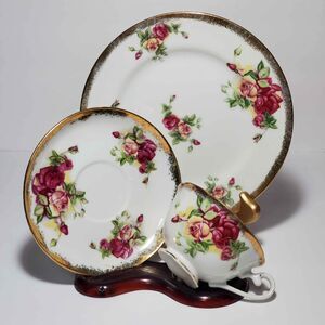 Pink Yellow Roses Teacup, Saucer and Plate Trio Vintage